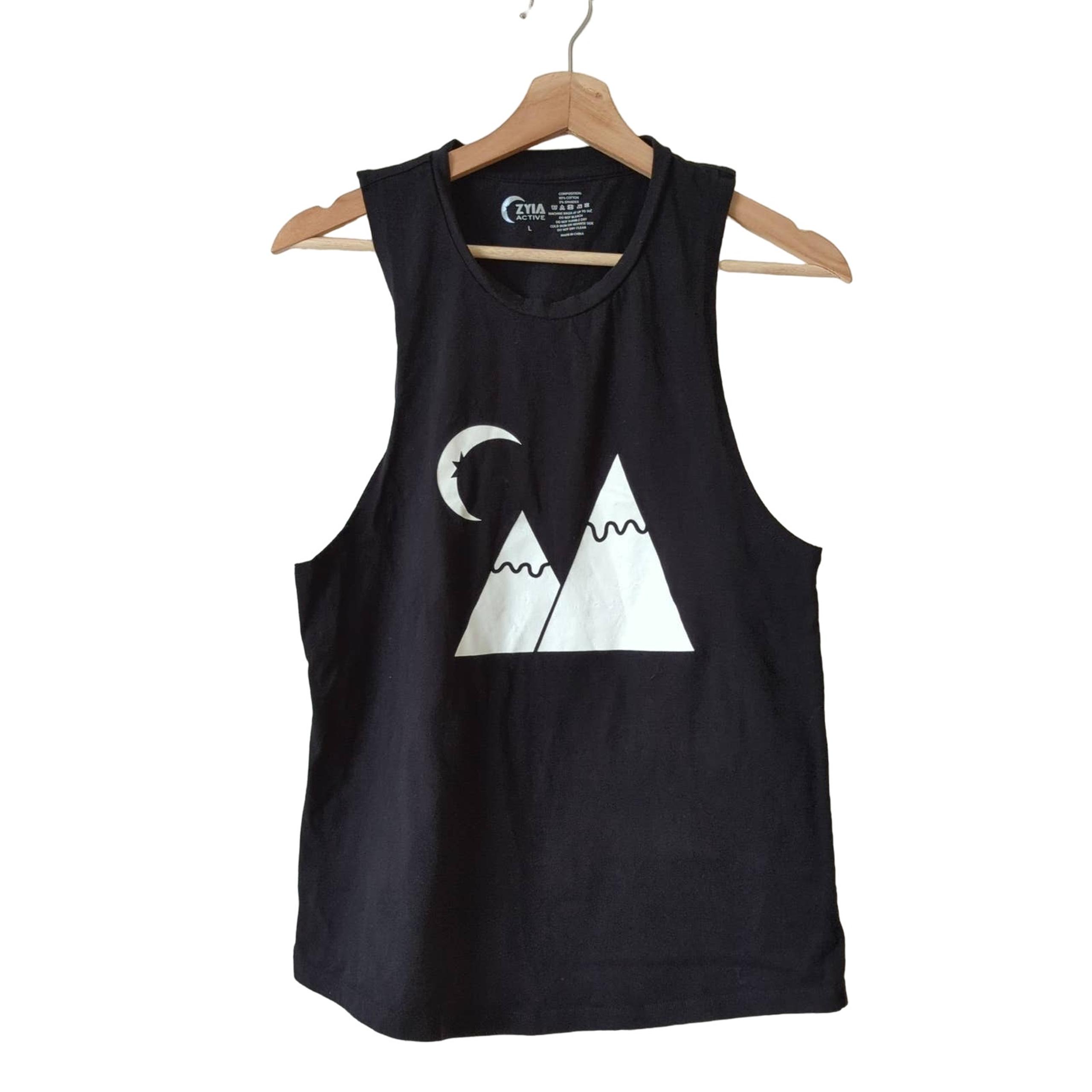ZYIA Active Womens Muscle Tee Tank Top Black White Large Mountains Moon Workout
