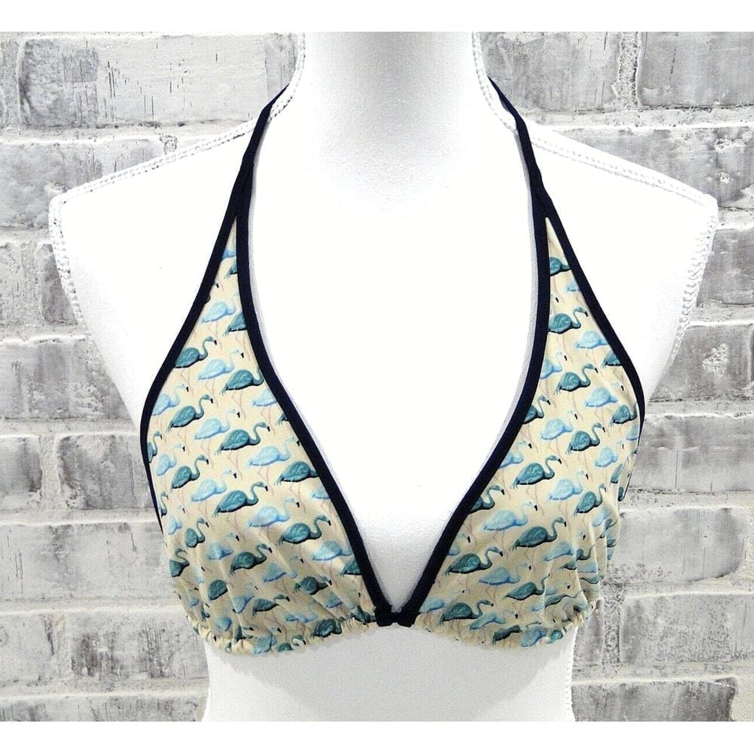 Tory Burch Bikini Medium STRING TOP Blue Green Flamingo Reversibl Gold Cube Logo