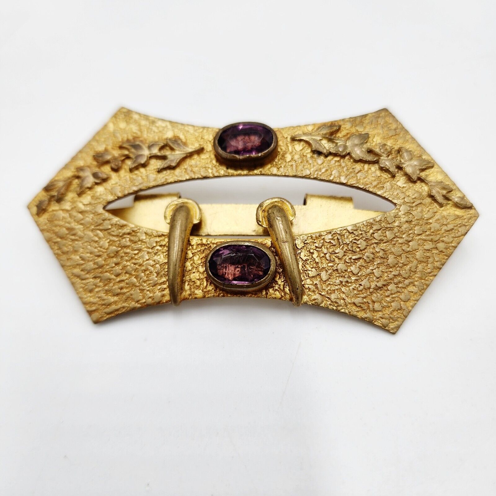 Antique Victorian Brass & Amethyst Faceted Glass Sash Buckle Art Nouveau Style