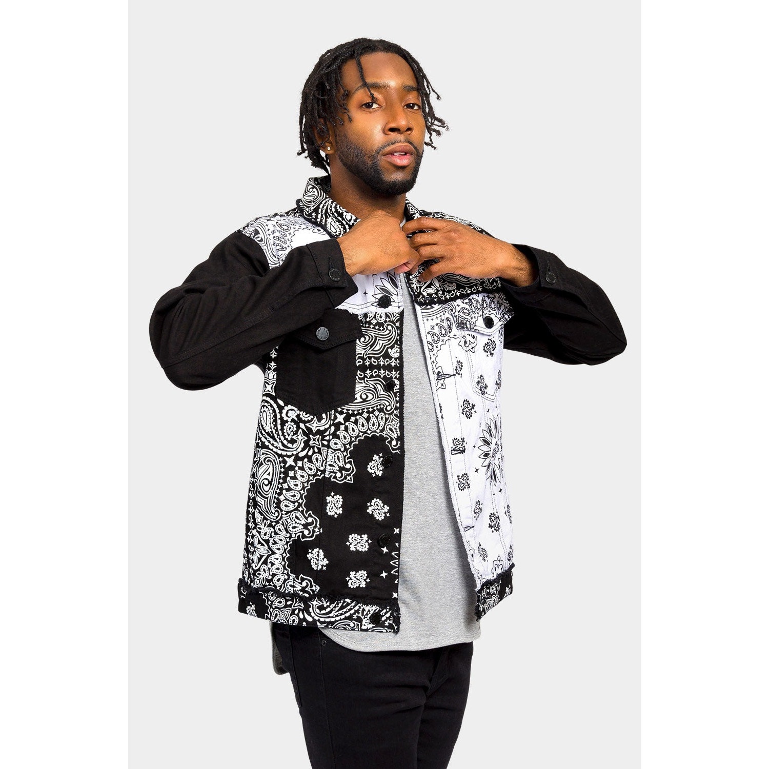 Victorious Colorblock Distressed Bandana Paisley Denim Button Jacket L