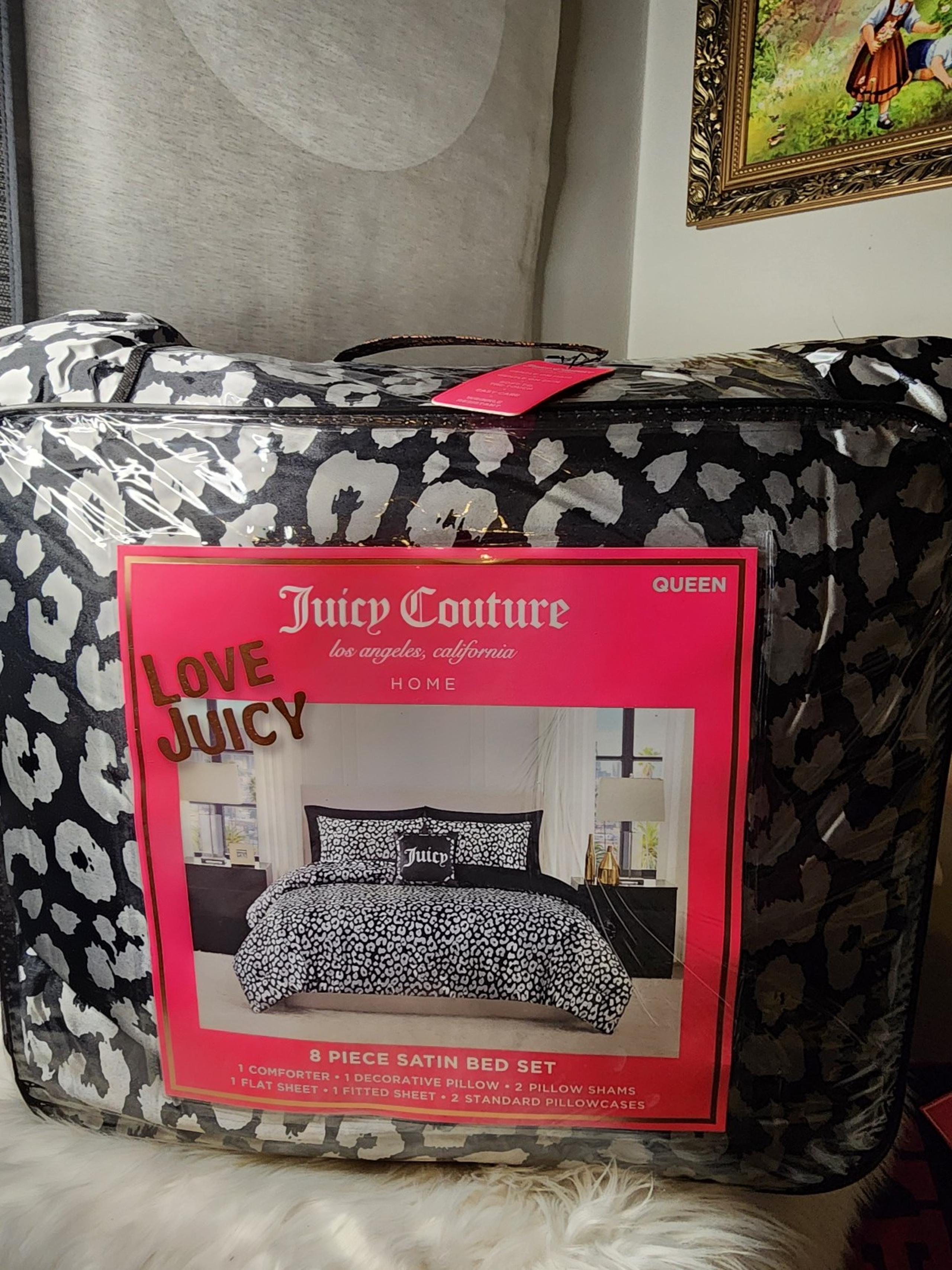 Juicy Coulture 8 Piece Satin Queen bed set
Color:Black /Grey Satin Cheetah Print