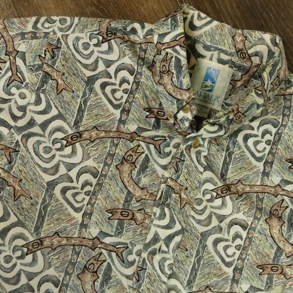 Kahala Pullover Cotton Hawaiian Shirt Fish Print Size Men's M