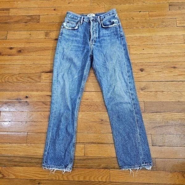 AGOLDE Riley High Rise Crop Straight Denim Blue Distressed Jeans Size 24