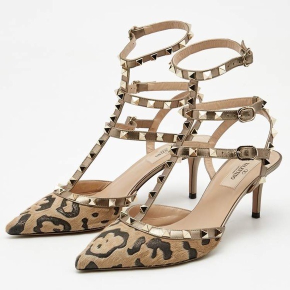 VALENTINO Rock Studded Calf Pony Hair Gold Beige Leopard Heels