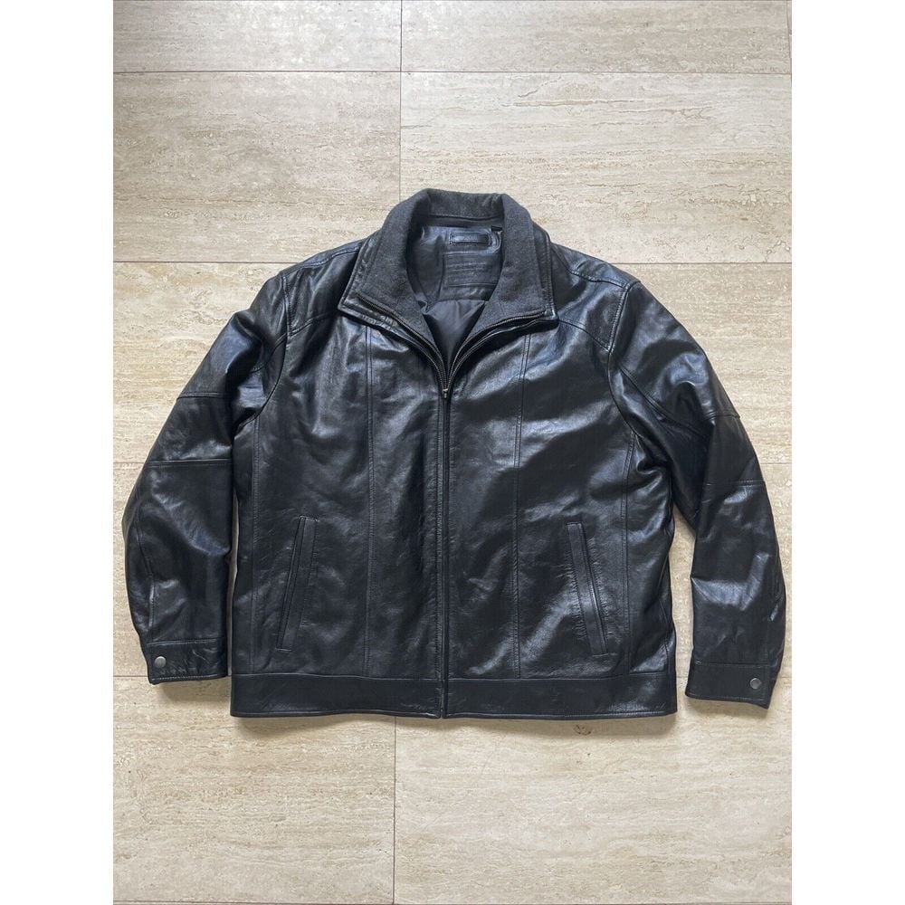 Roundtree And Yorke Genuine Lamb Skin Leather Jacket Wool Collar Men's XL Black