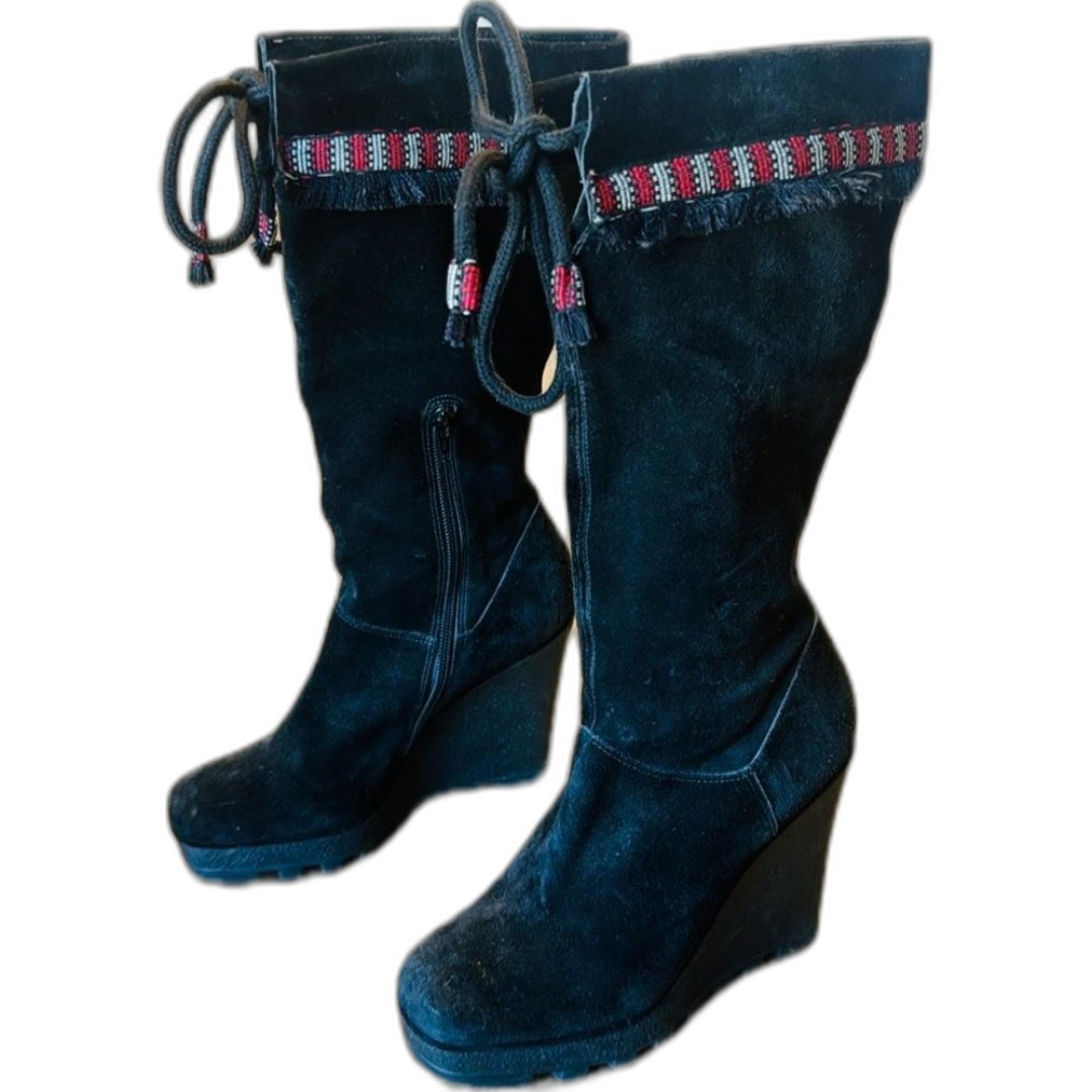 Diane Von Furstenberg Jimson Tall 4" Wedge Boots Suede Boho Tribal Fringe Sz 7 M