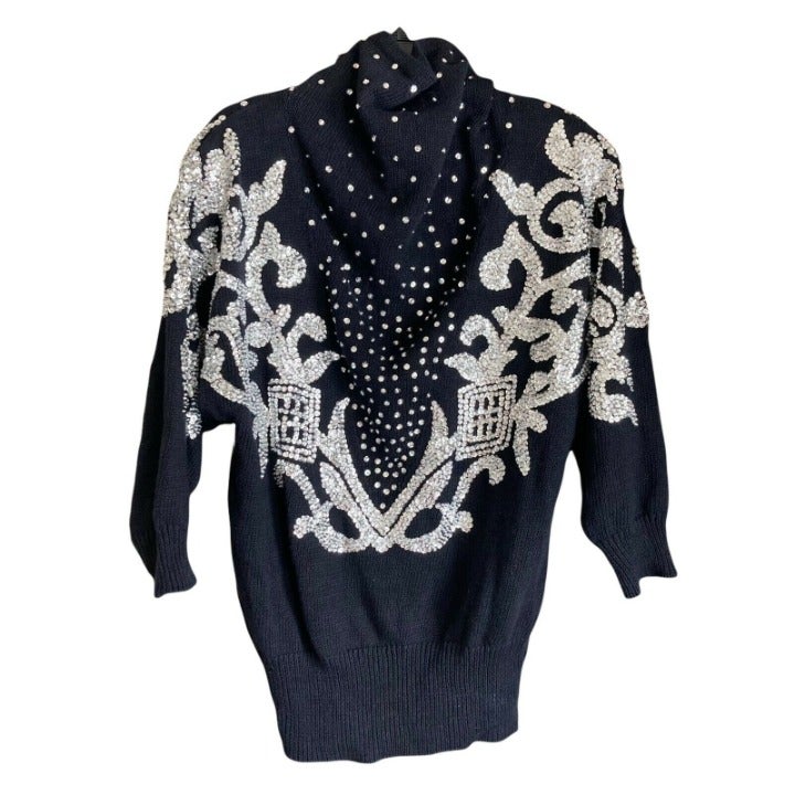 Vintage 80s Bonnie Boerer Sequin Beaded Bling Sweater M Black Silver Embellished