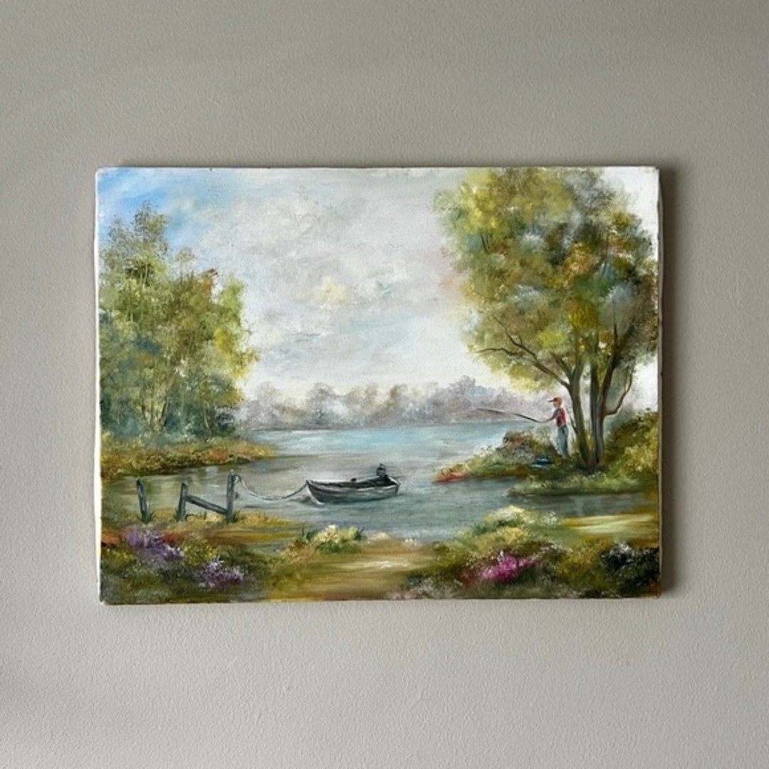 Vintage original painting landscape fishing boat