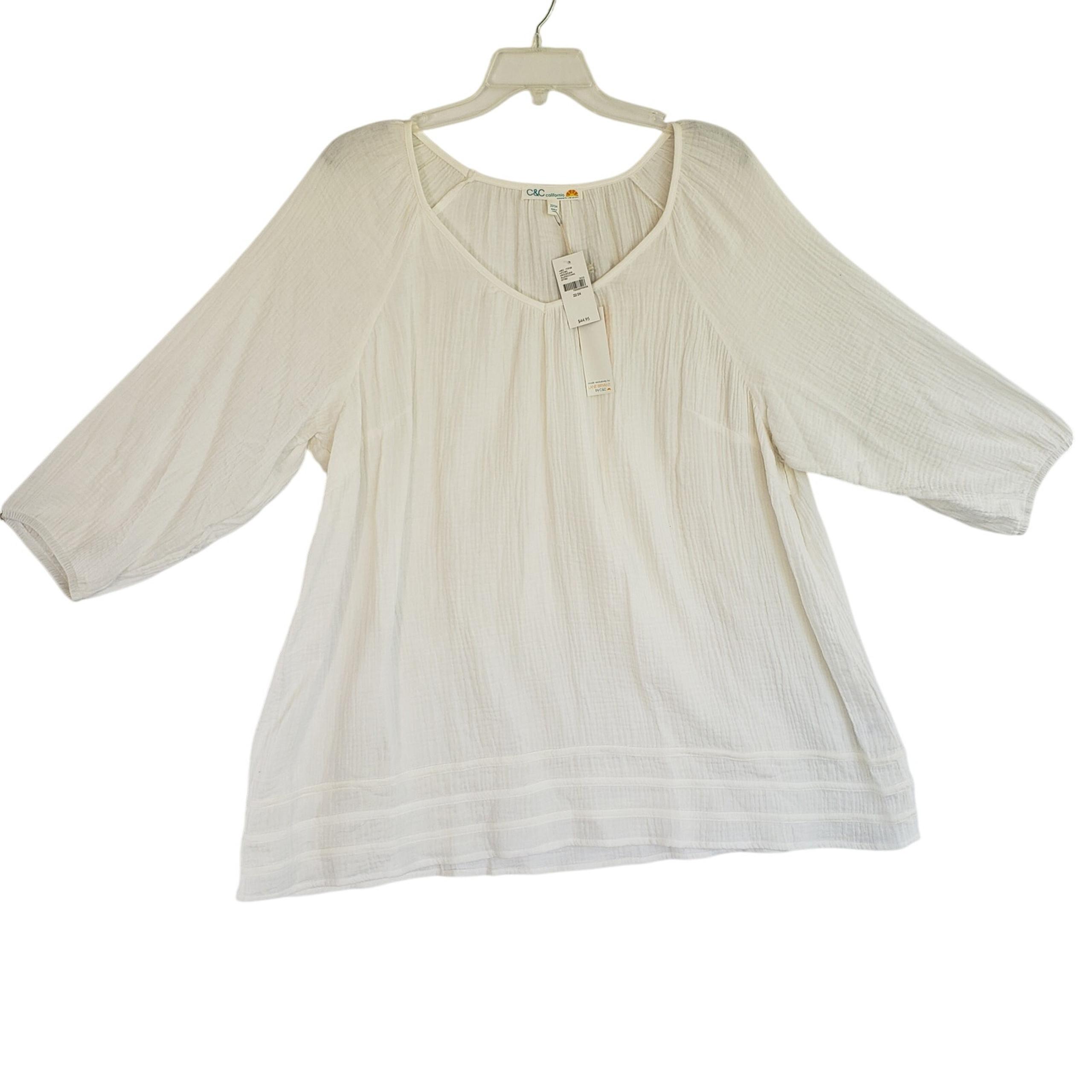 C&C California Shirt Womens Plus Size 22/24 White V Neck Blouse Cotton Top New