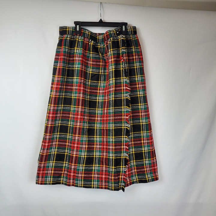 Kay Warner Black Plaid Wrap Around Long Skirt Yellow Green Red Womens Sz 16