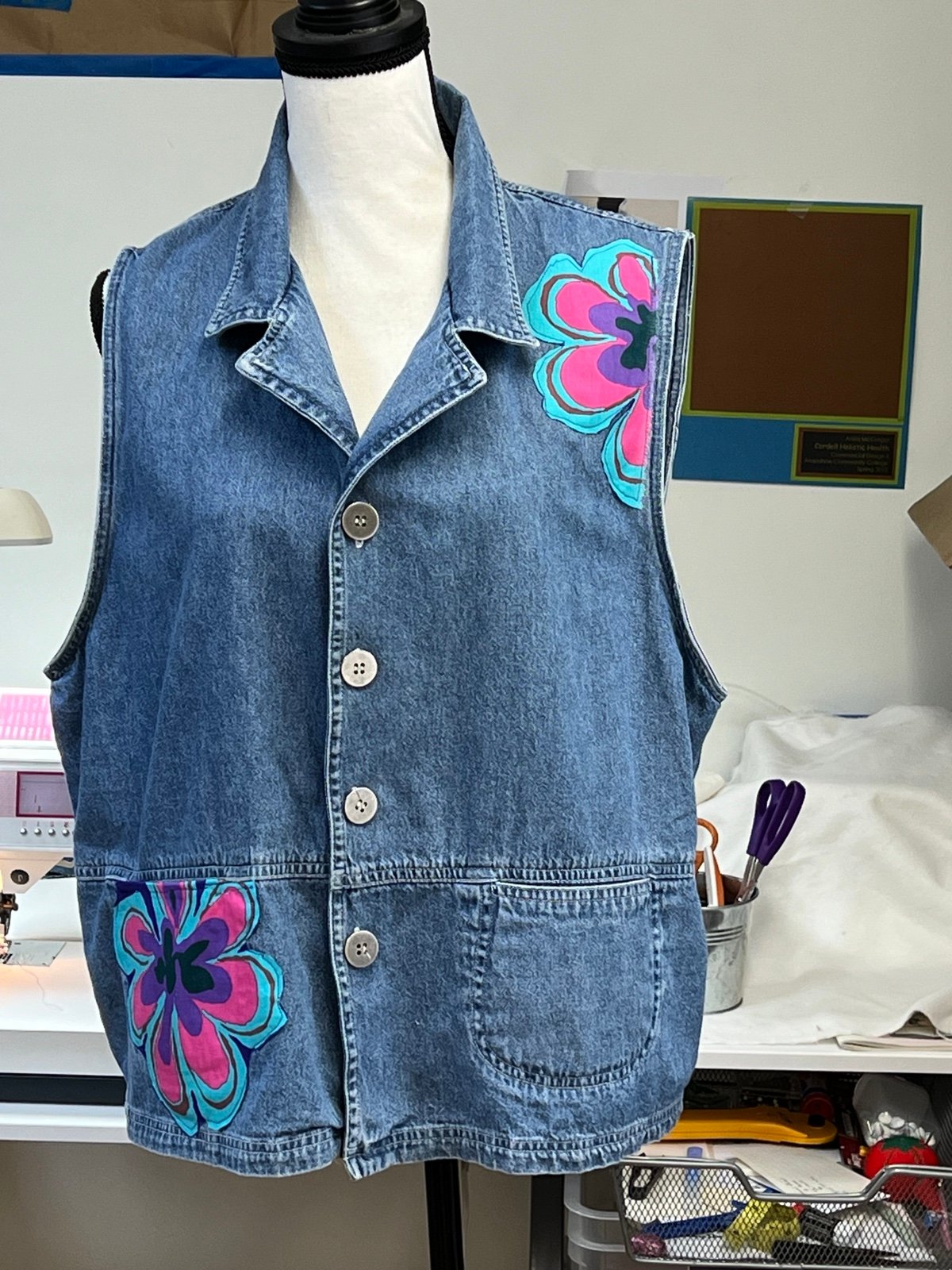 Upcycled Chico’s Vest with Kaffe appliqué
