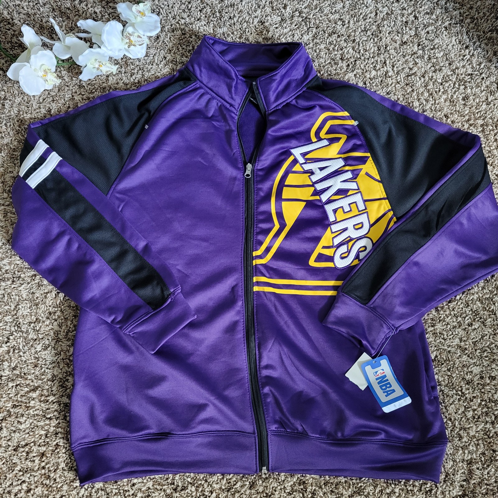 NBA Lakers Long Sleeve Sport Jacket Size L Zip-Up Lightweight Purple/Yellow.