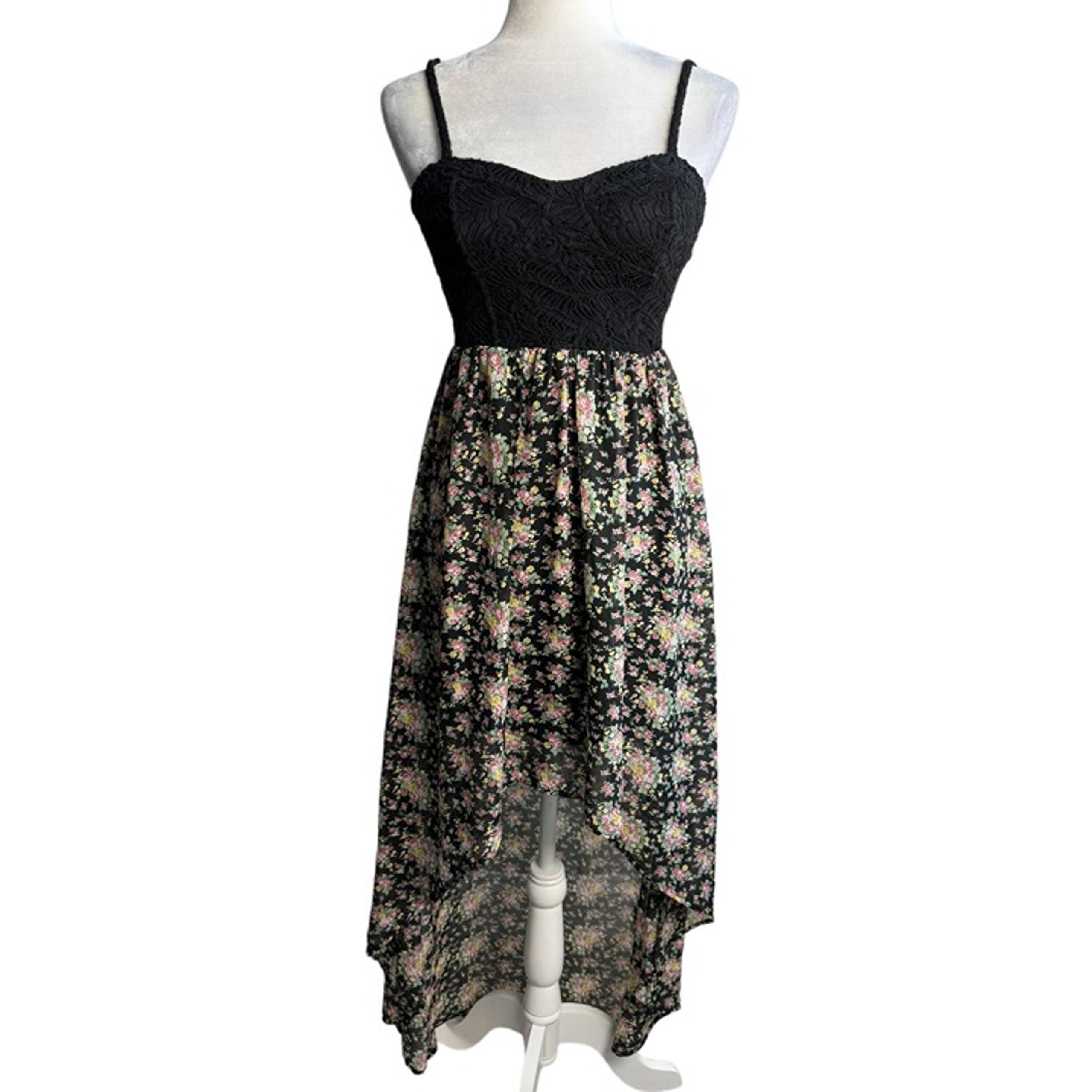 American Rag High Low Dress Black Petite Floral Boho Gypsy Peasant JRs Size S