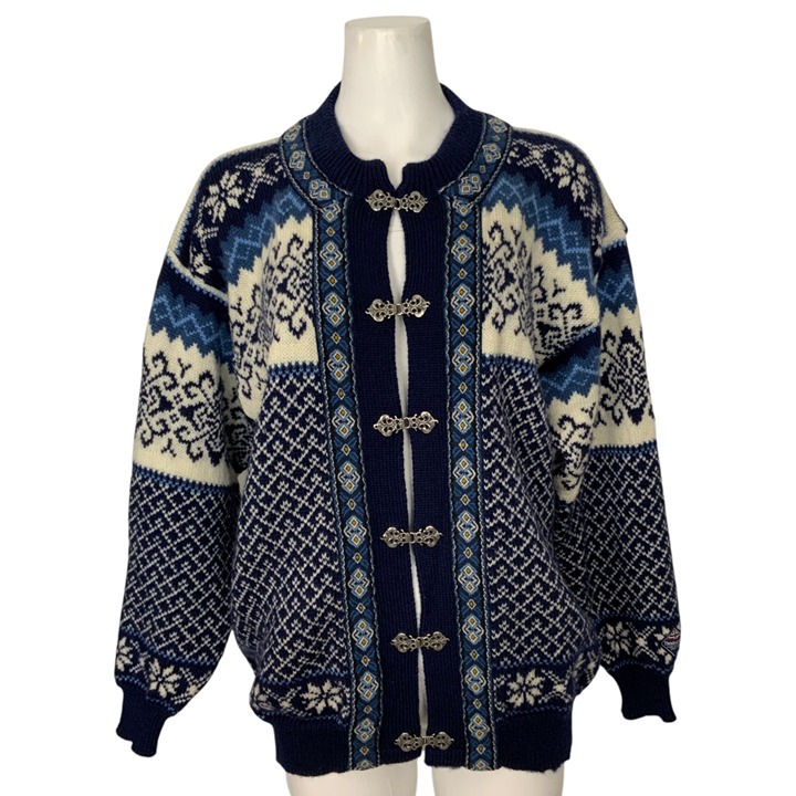 Nordstrikk Virgin Wool Cardigan Sweater L Blue Fair Isle Norway Nordic Hippie