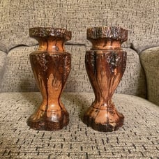 Set of 2 Vintage MCM Hand Turned Chrysanthemum Wooden Candle Stick Holders