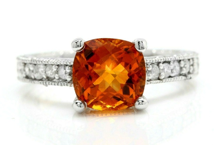 2.60Ct Natural Cushion Orange Citrine & Diamond Halo Solitaire Ring 14k White