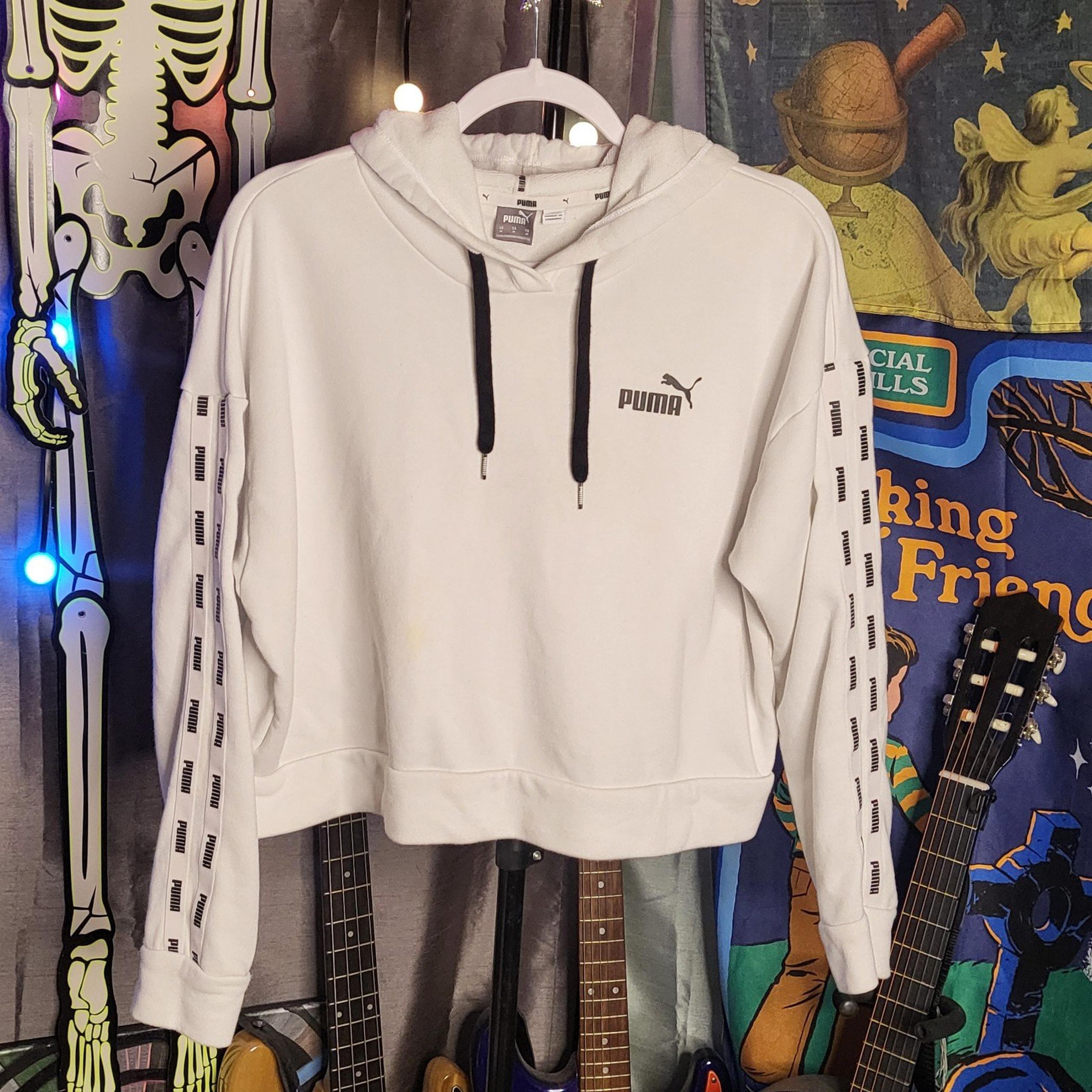 Puma Hoodie - White Cropped Hoodie with Sleeve Stripes size M