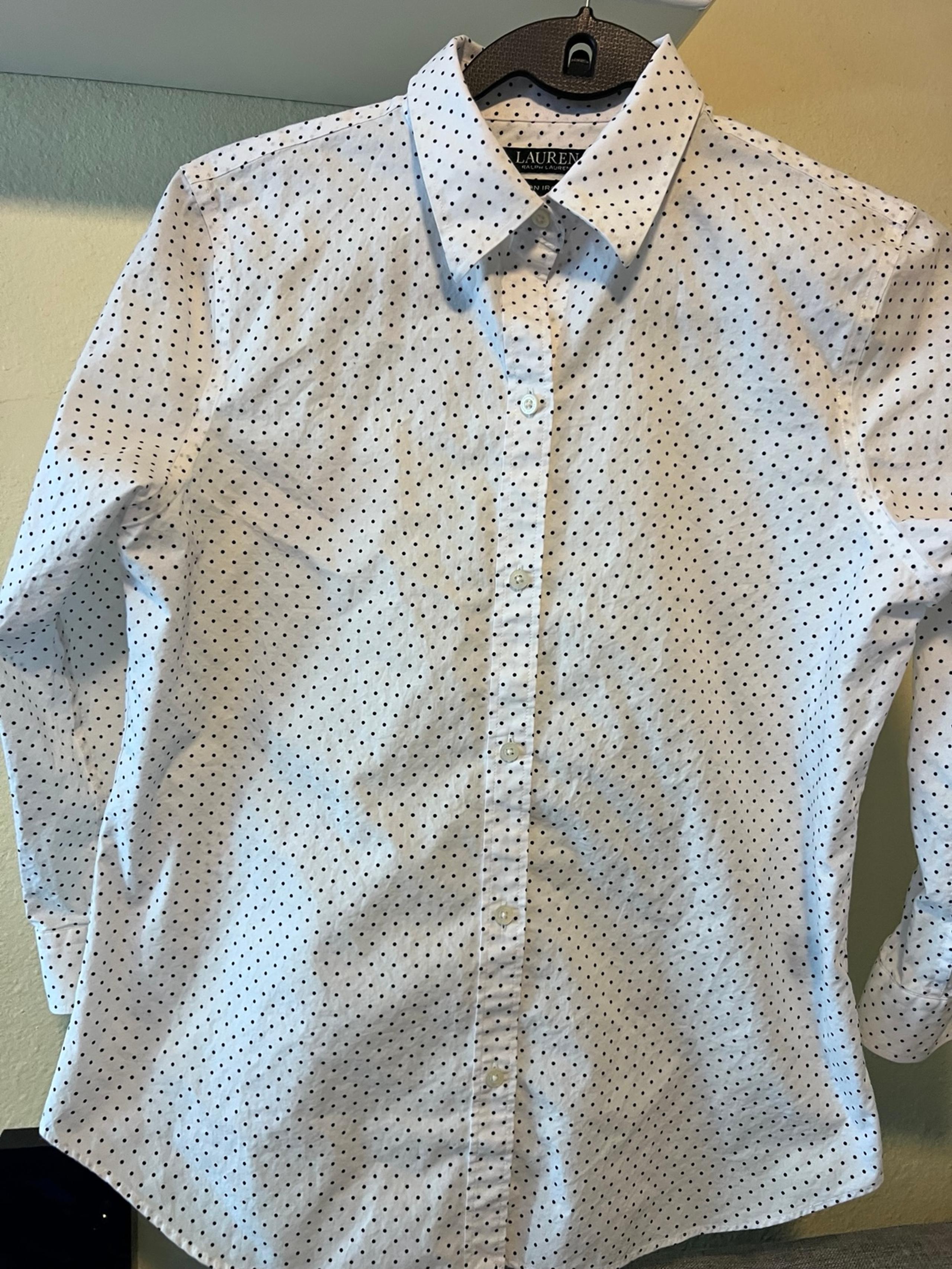 Lauren Ralph Lauren Size Medium Non Iron White Black Polka Dot Blouse