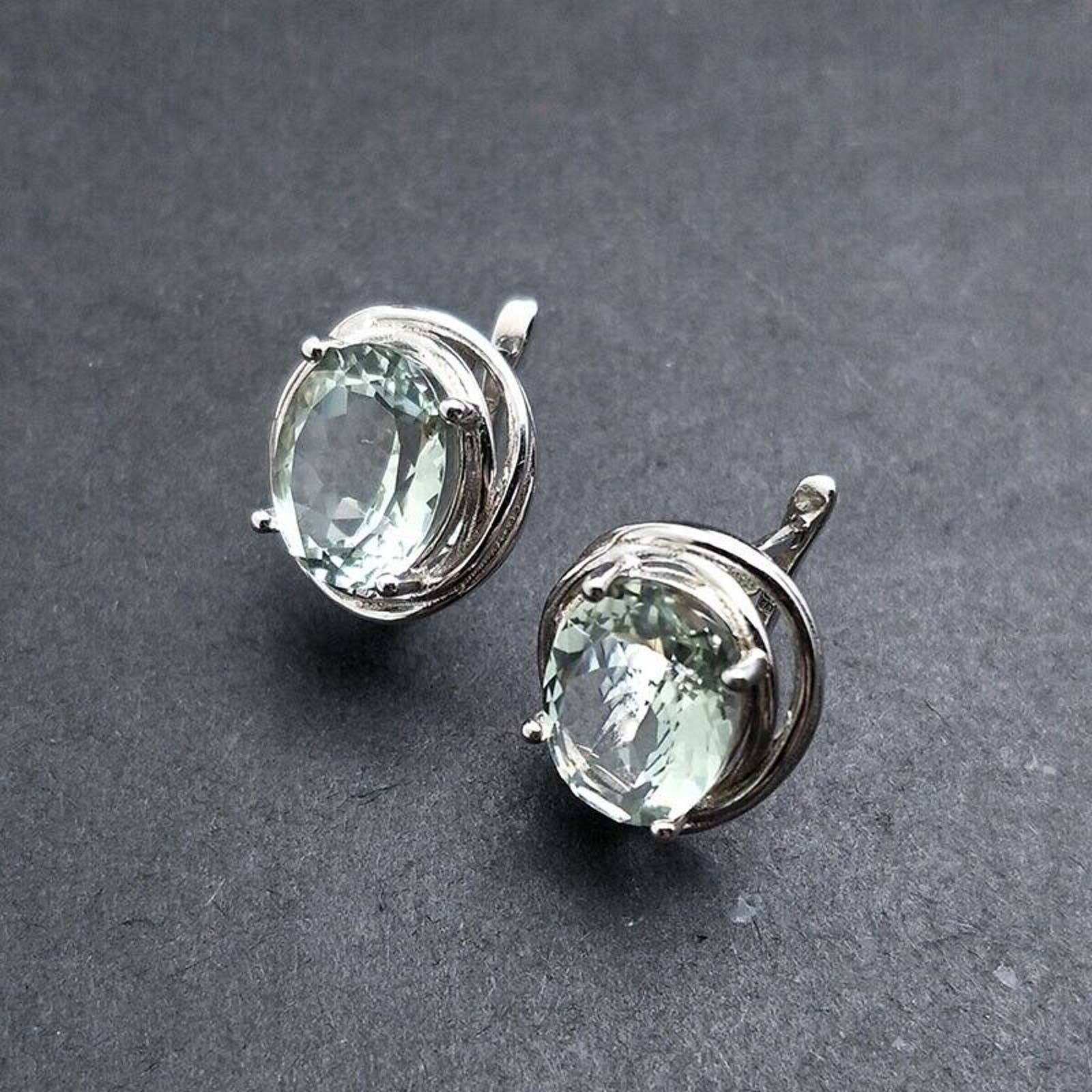 7 Carat Oval Cut Green Amethyst Dangle Earrings, Green Amethyst Prasiolite