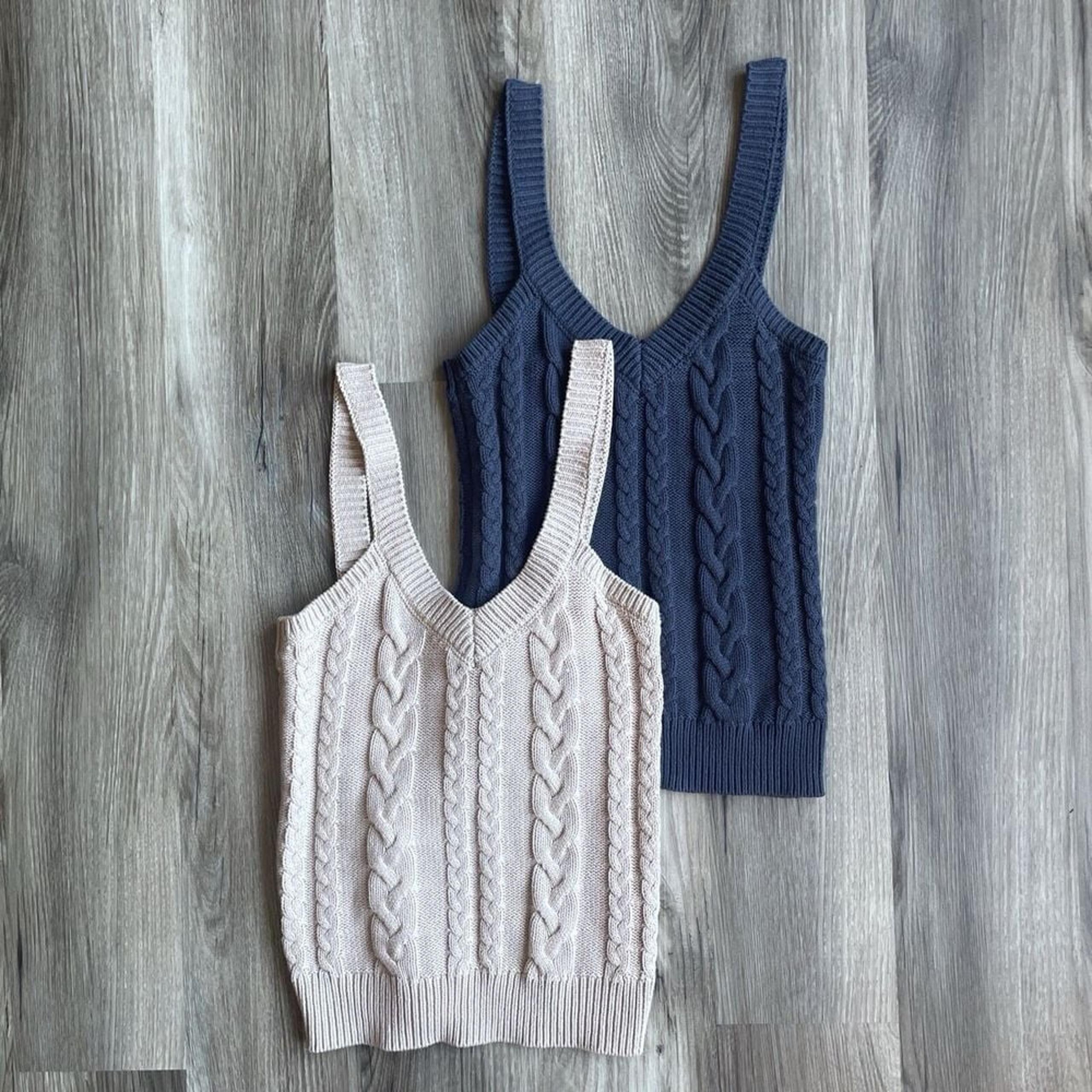EVEREVE Set of 2 Cable Knit Cotton Tank Tops Cream Oatmeal Steel Blue Size XS