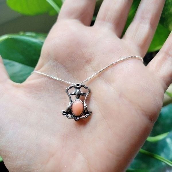 Vintage Antique Ornate Silver Dainty Pink Stone Shield Necklace & Pin