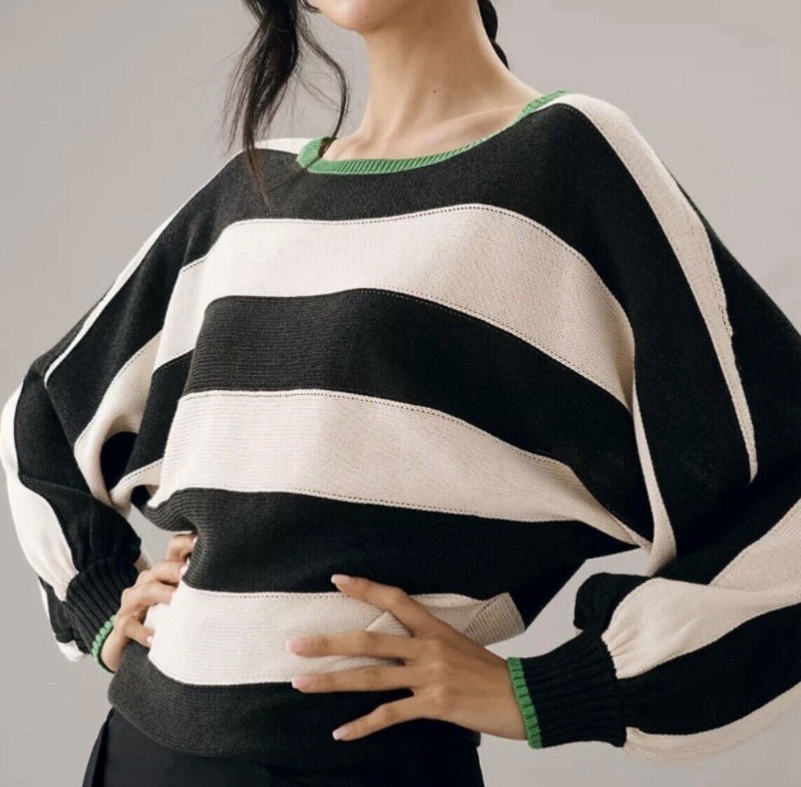 Maeve By Anthropologie Slouchy Boatneck White Black Green Sweater Women's SMALL