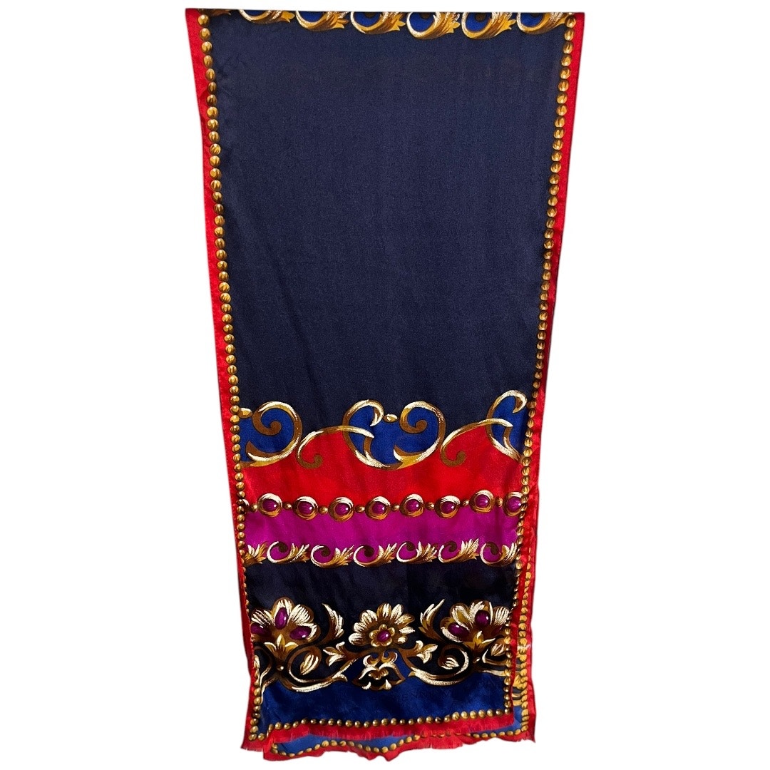 Adrienne Vittadini long rectangle scarf 100% silk 53 fringe hem blue multicolor