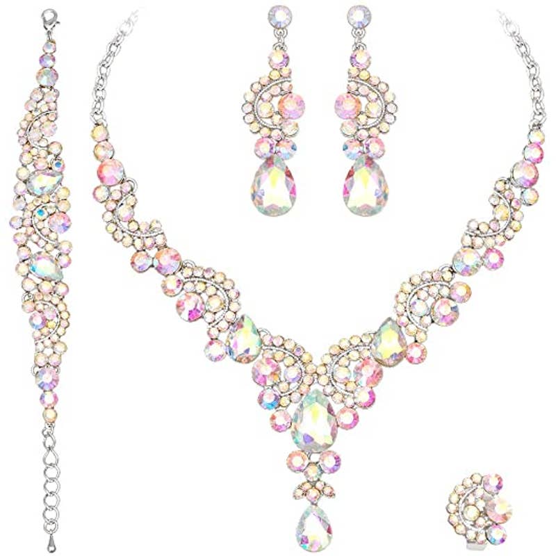 Elegant Crystal Necklace Earrings Bracelet Ring Bridal Wedding Party Jewelry Set