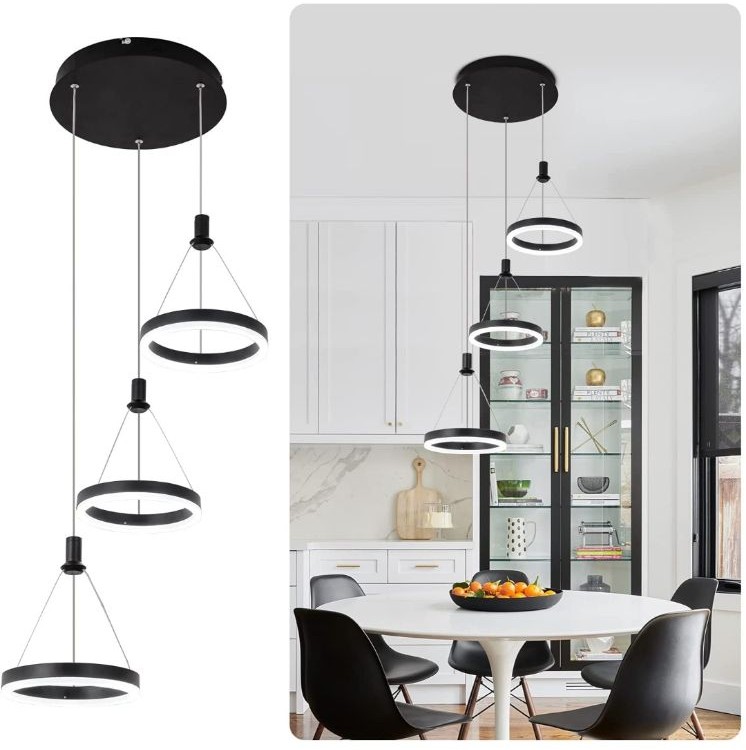 Dimmable LED Pendant Light Dining Room 45W Modern Kitchen Island Black Chandelie