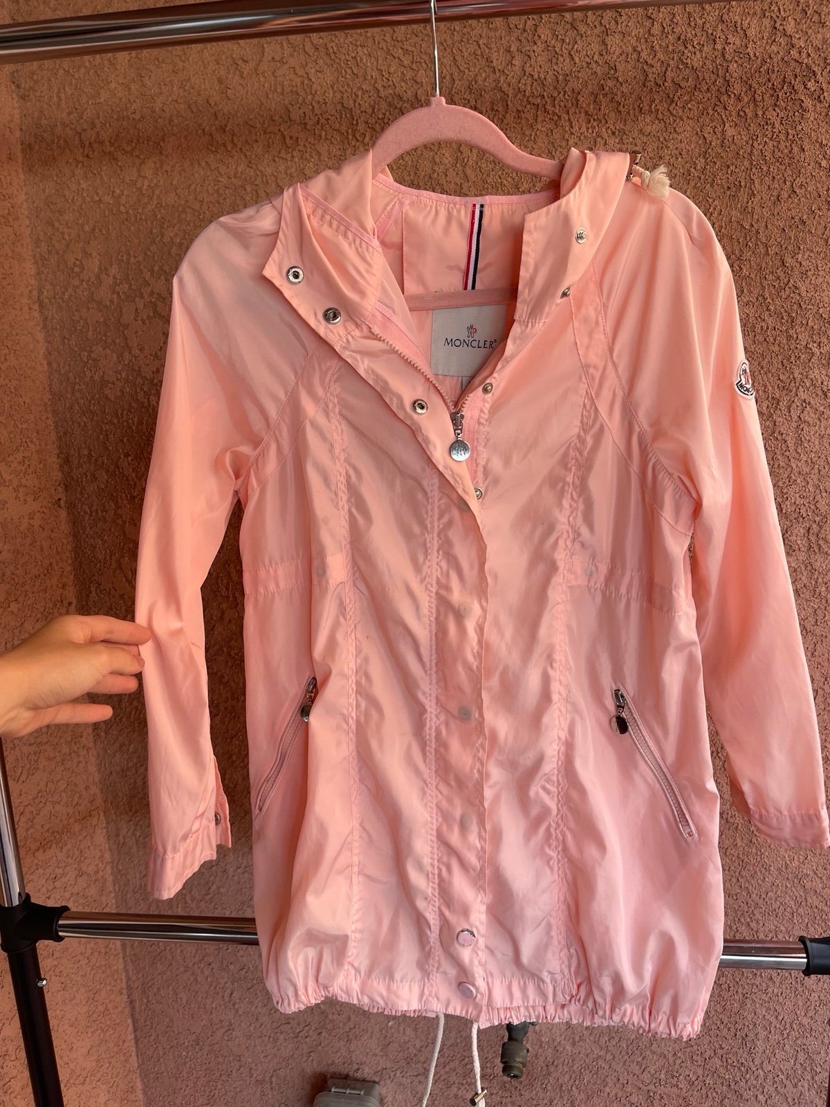 Moncler light pink zipped up hooded rain Jacket