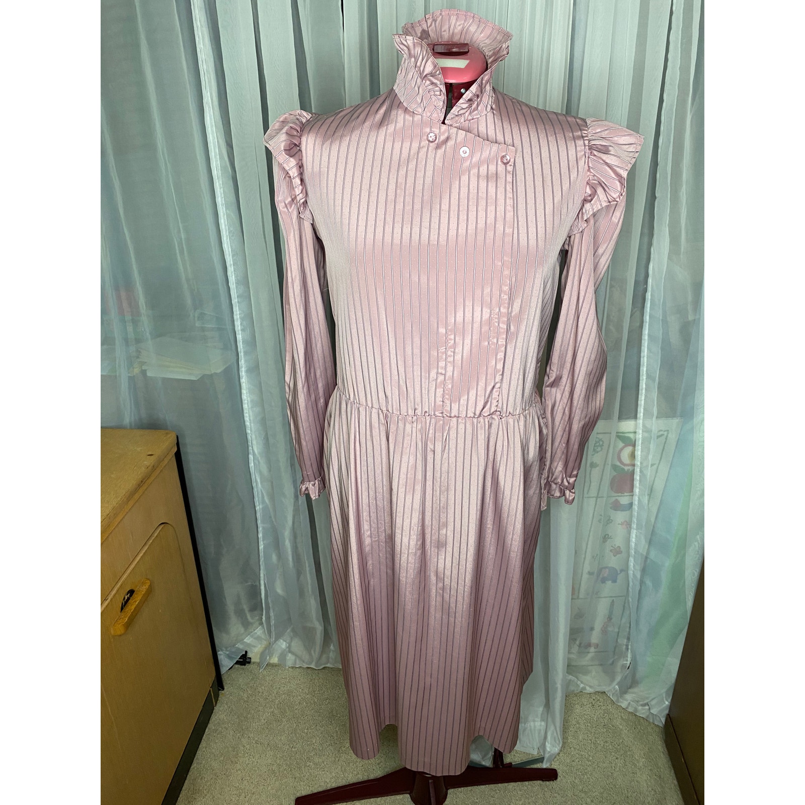 Dress 80s dusty Purple striped ruffle collar