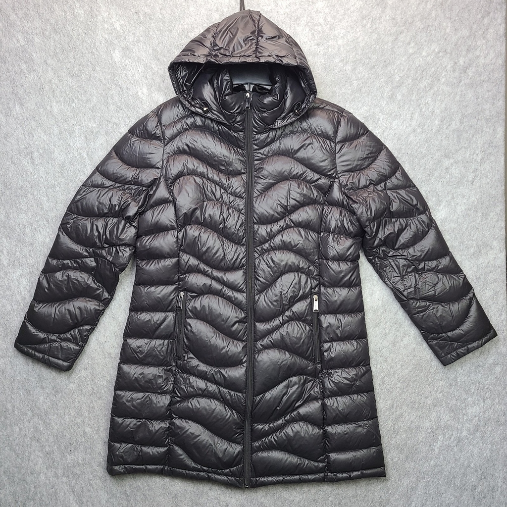 Andrew Marc Down Packable Maxi Jacket Women XL Black 650 Fill Removeable Hood