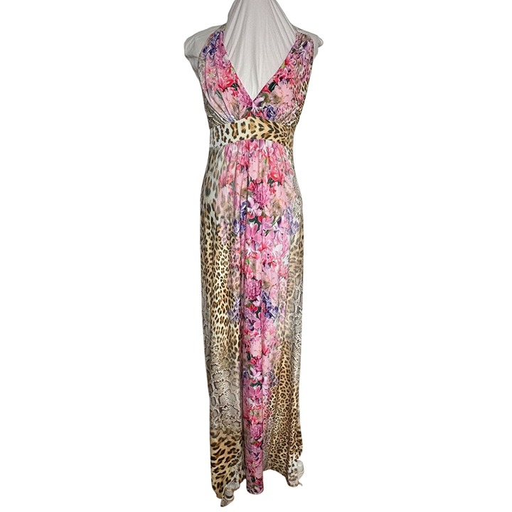 Boston Proper Y2K Floral Animal Print Halter Maxi Dress V-Neckline Open Back 12
