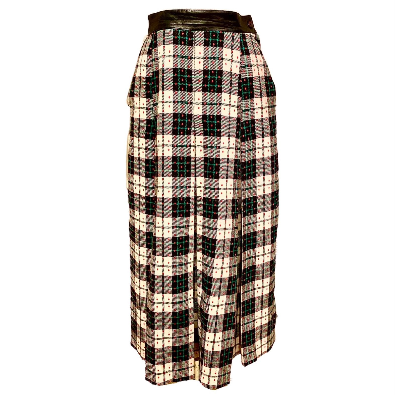 Vintage Wool Plaid Maxi Skirt with Leather Waistband Cozy Winter Holiday Vibes