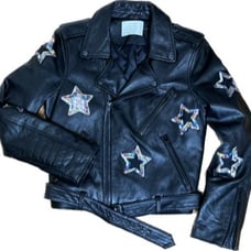 Zayan The Label Black Faux Leather Designer Moto Jacket Embellished Stars Small