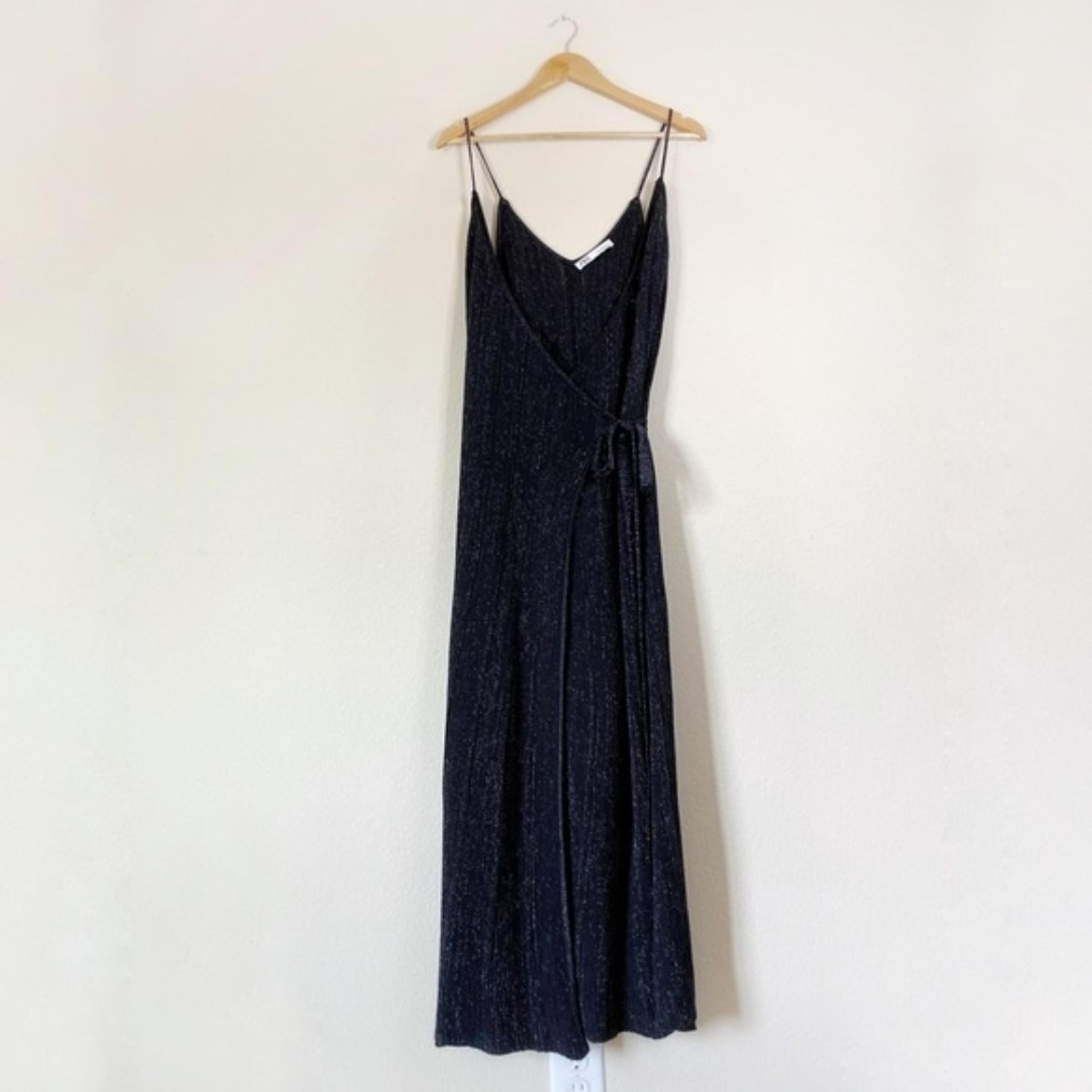 Zara Black Sparkle V-Neck Spaghetti Strap Tie Wrap Maxi Dress Women's Size Small