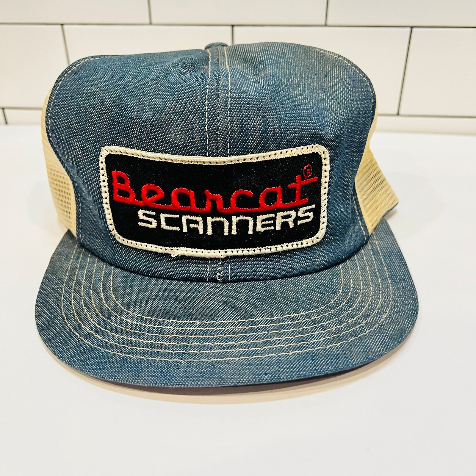 Vintage denim mesh snapback Trucker patch Hat Cap Bearcat Scanners