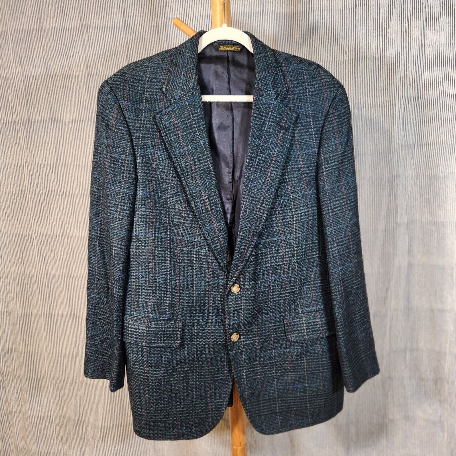 Vintage Hunter Haig Navy Teal Red Harris Tweed Blazer Made in USA 150 46R?