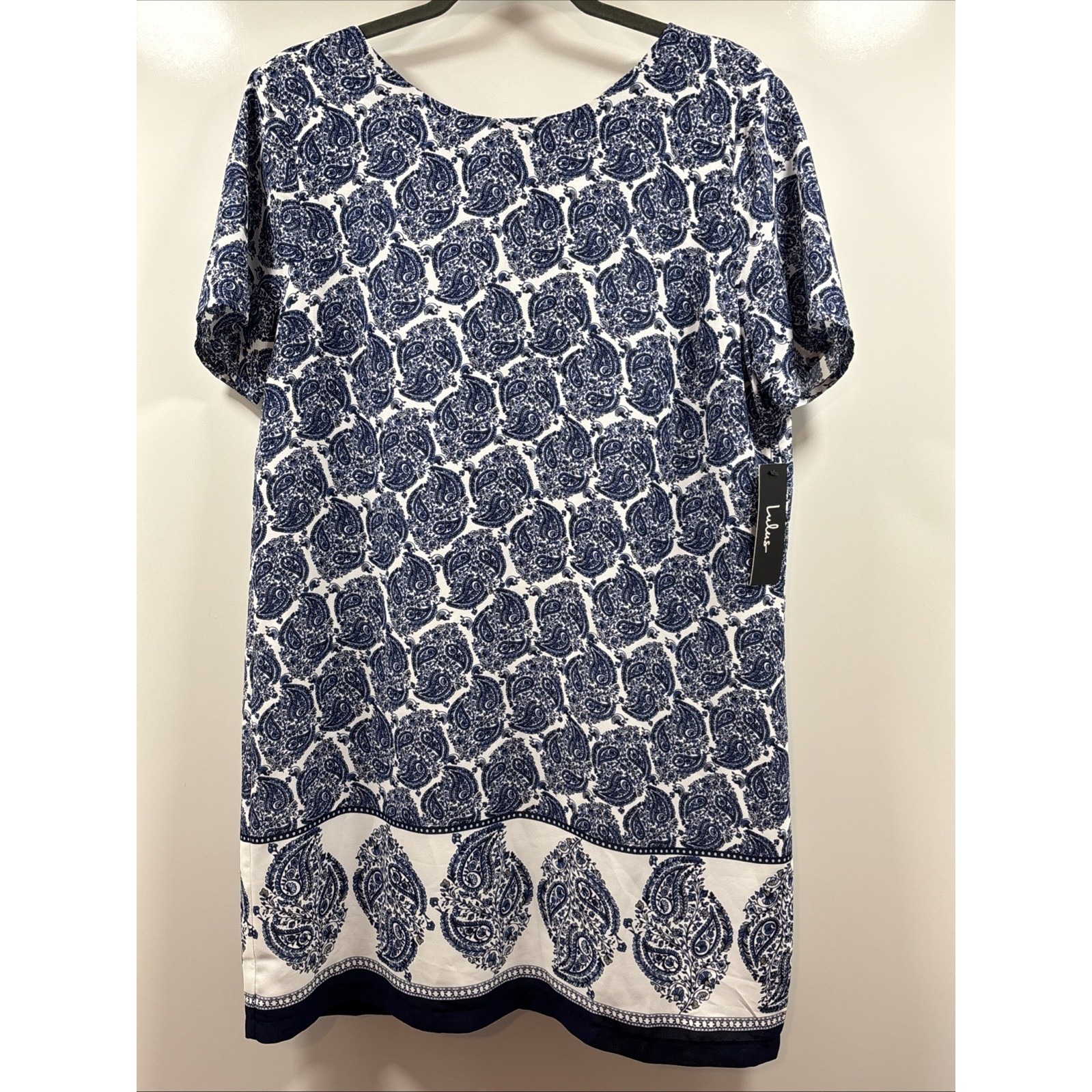 Lulus Taj Mahal Tour Dress Large Blue/White Paisley Print Shift V-Cut Open Back