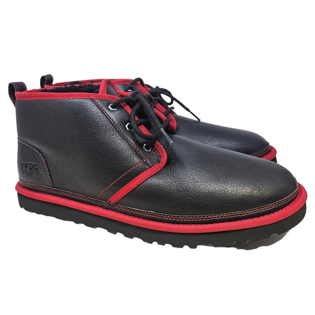 NEW Ugg 13 Neumel Leather Black Red Shearling Interior Ankle Lace Up Sheepskin