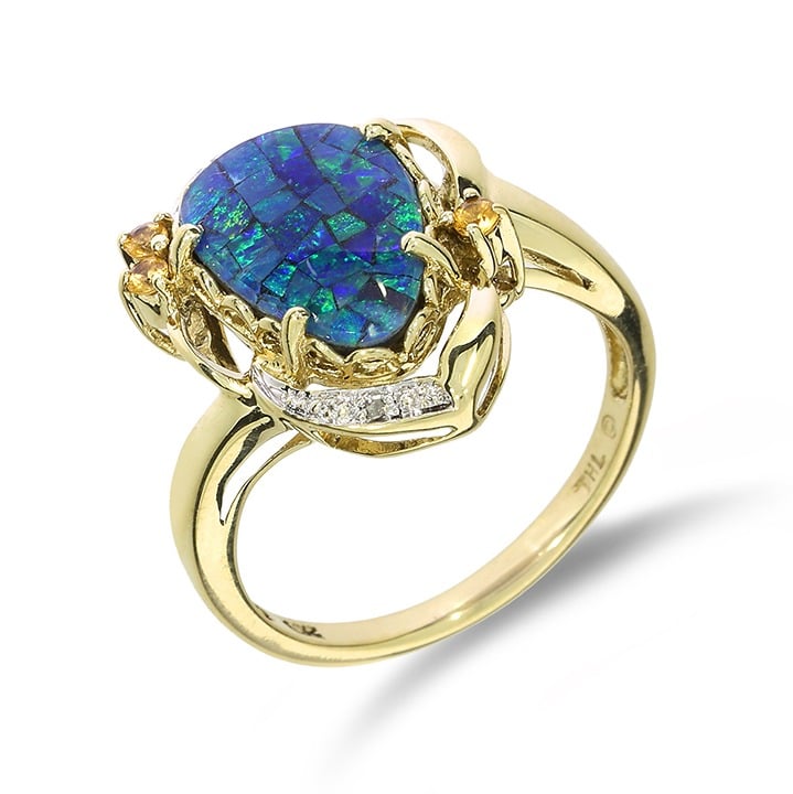 10K Yellow Gold Black Opal Mosaic Natural Diamond Citrine Cocktail Ring GR-3307C