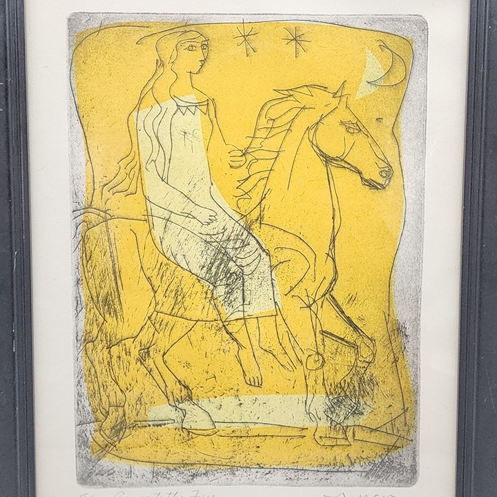 Girl on Horse Print on Yellow Signed Irving Amen Surrealist Titled Going To The