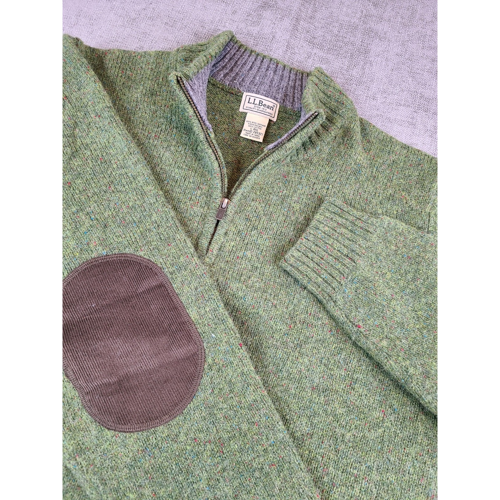 LL Bean Sweater Mens L Green Flecked Shetland Wool Elbow Patches 1/4 Quarter Zip