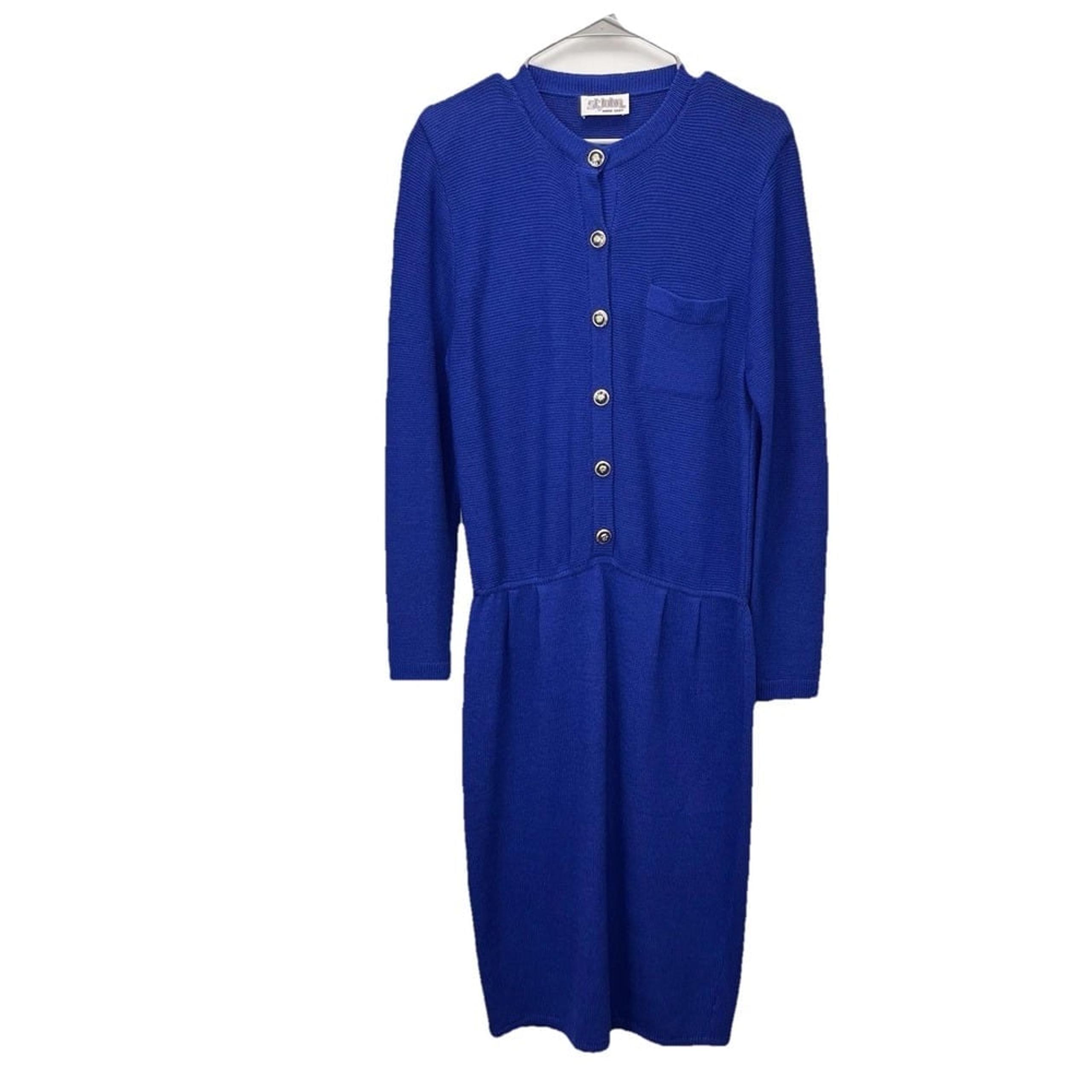 St. John Collection Royal Blue Santana Knit Button Up Shirt Dress Size 10 Pocket