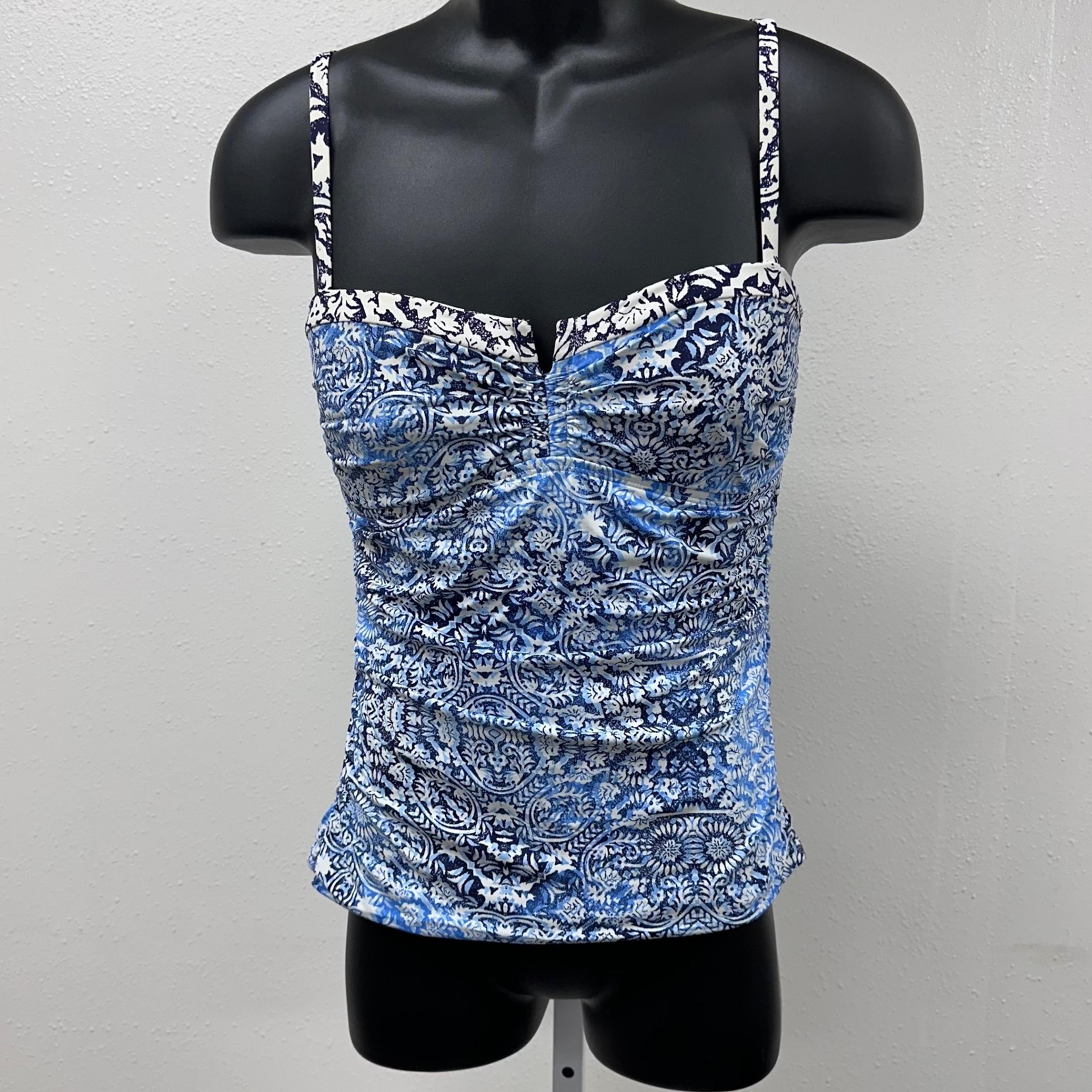 Tommy Bahama Blue Floral Tankini Top Ruched Swim Top Adjustable Straps Size S