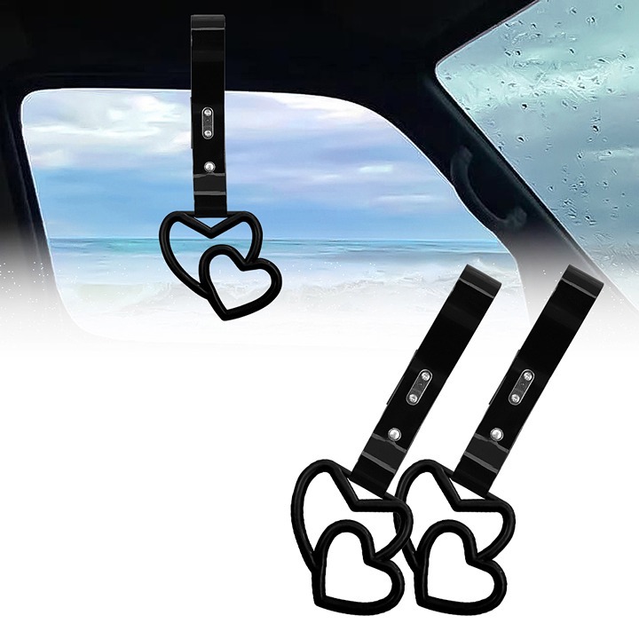 NEW 2PCS DOUBLE LOVE HEART BLACK JDM TSURIKAWA RING Black Handle Strap Drift