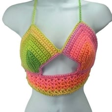 Handmade peek-a-boo crochet rainbow neon halter top crop open knit