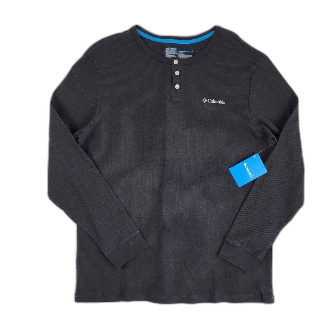 Columbia Black Henley Top Waffle Knit Thermal Long Sleeve Shirt T-Shirt Size L