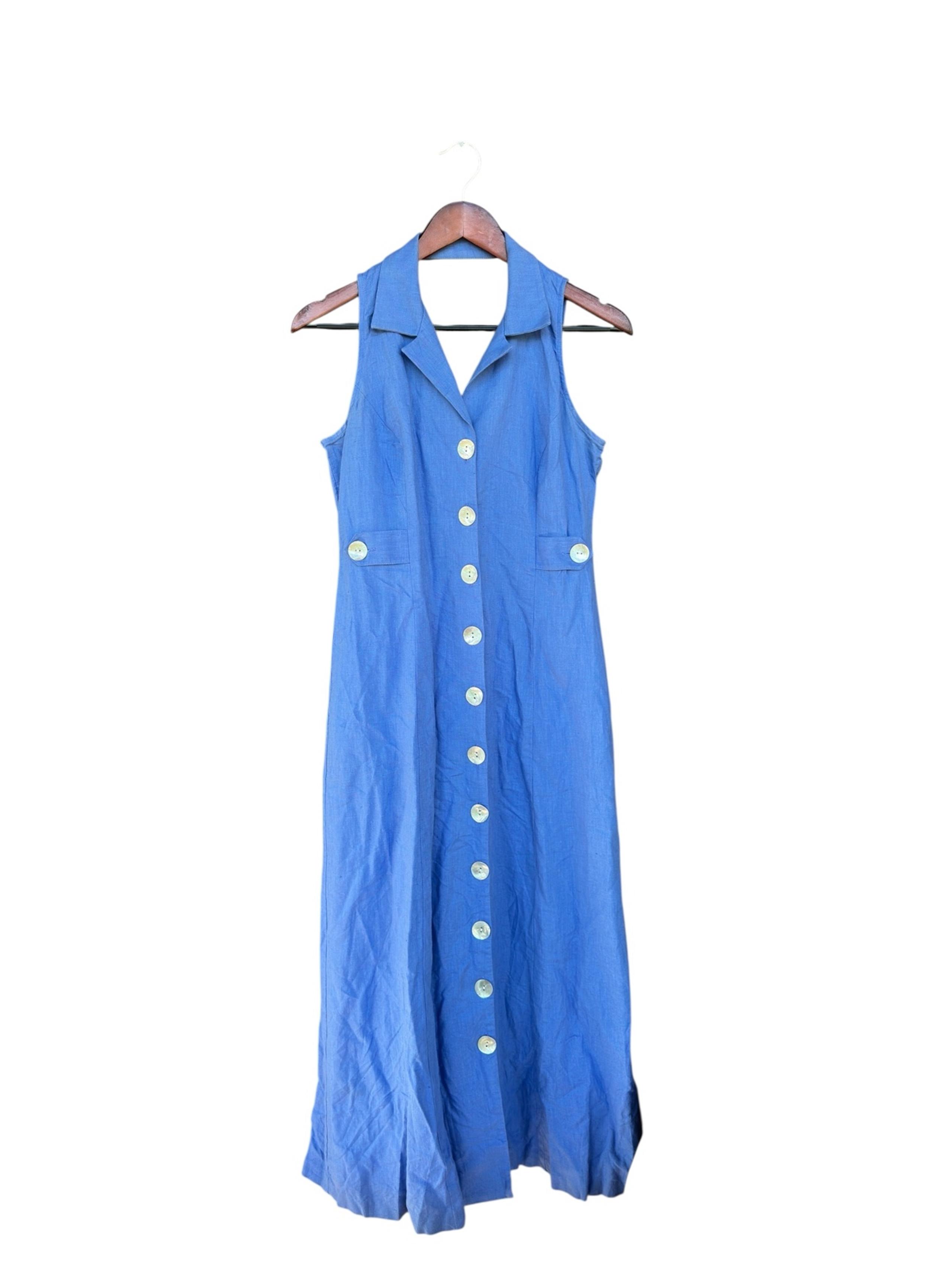 Vintage 90s Linen Blue Collared Button Down Sleeveless Dress Cottagecore SZ 10