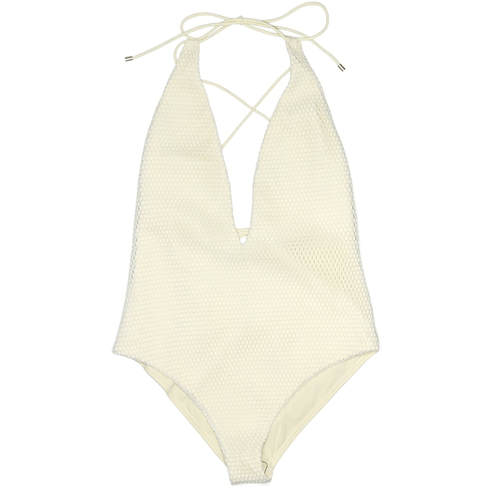 SAND & BLUE Cher mesh net plunge neck luxe one piece swimsuit in ecru Size L NEW
